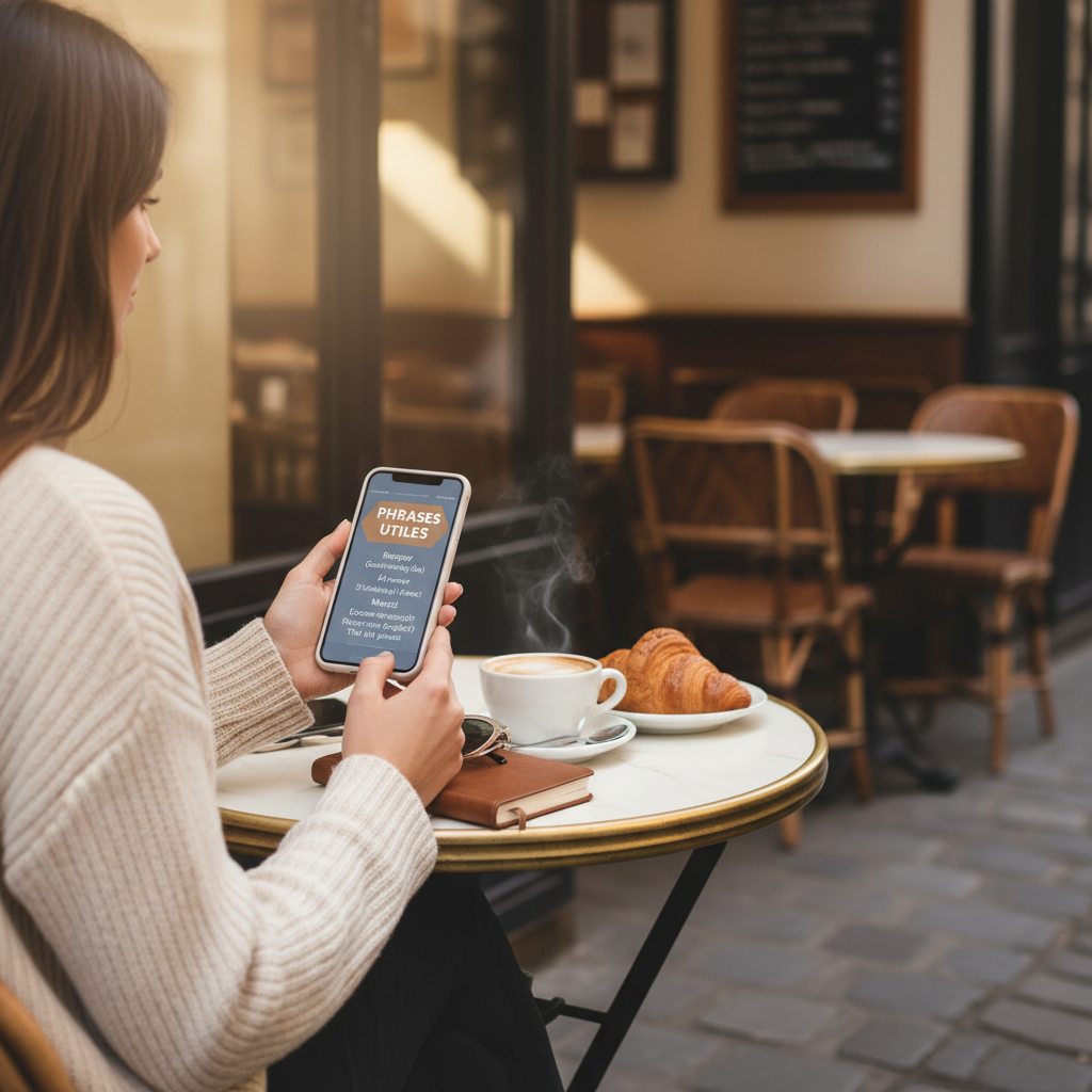 French greeting phrases cheat sheet on a traveler phone screen in a café