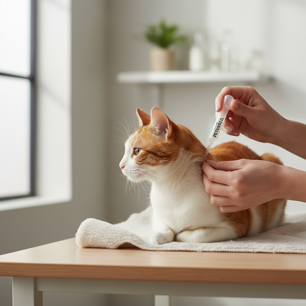 Applying veterinarian-recommended topical tick prevention to a cat at the back of the neck