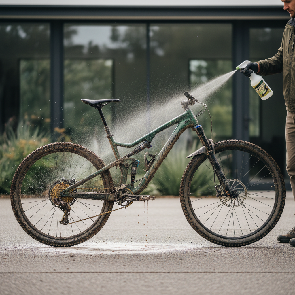 Mountain bike being cleaned with a spray bike cleaner to remove dirt and mud