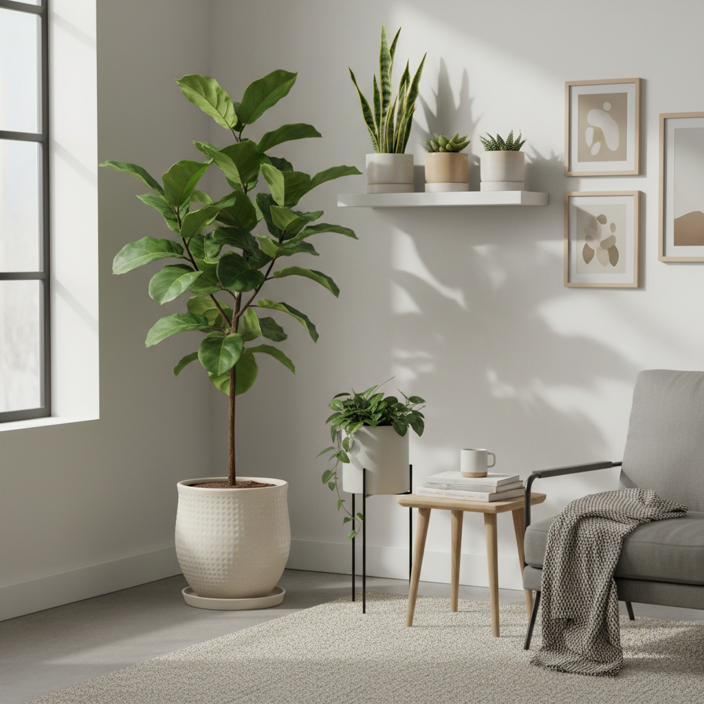 Cozy small apartment corner with one statement floor plant and matching pots