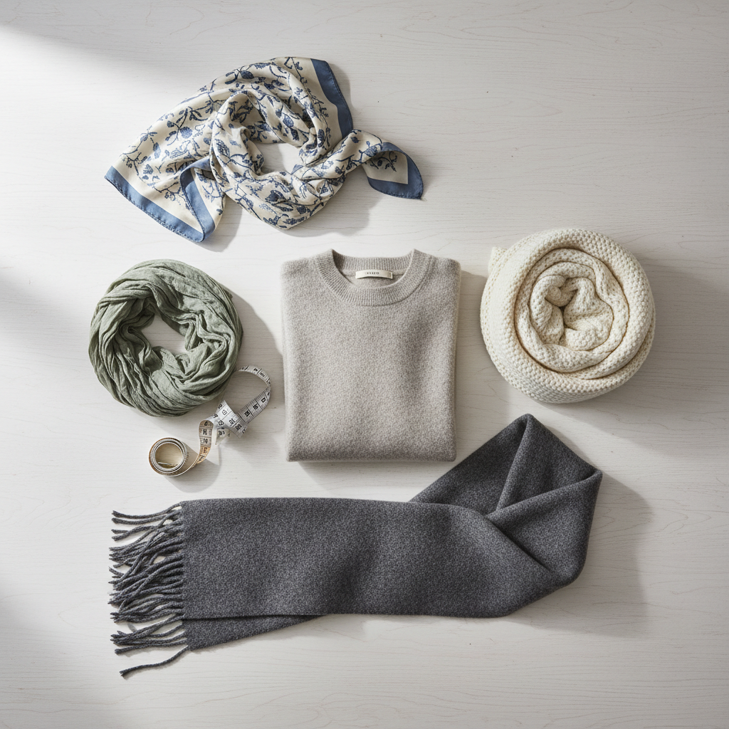 Beginner-friendly scarf tying setup with different scarf fabrics