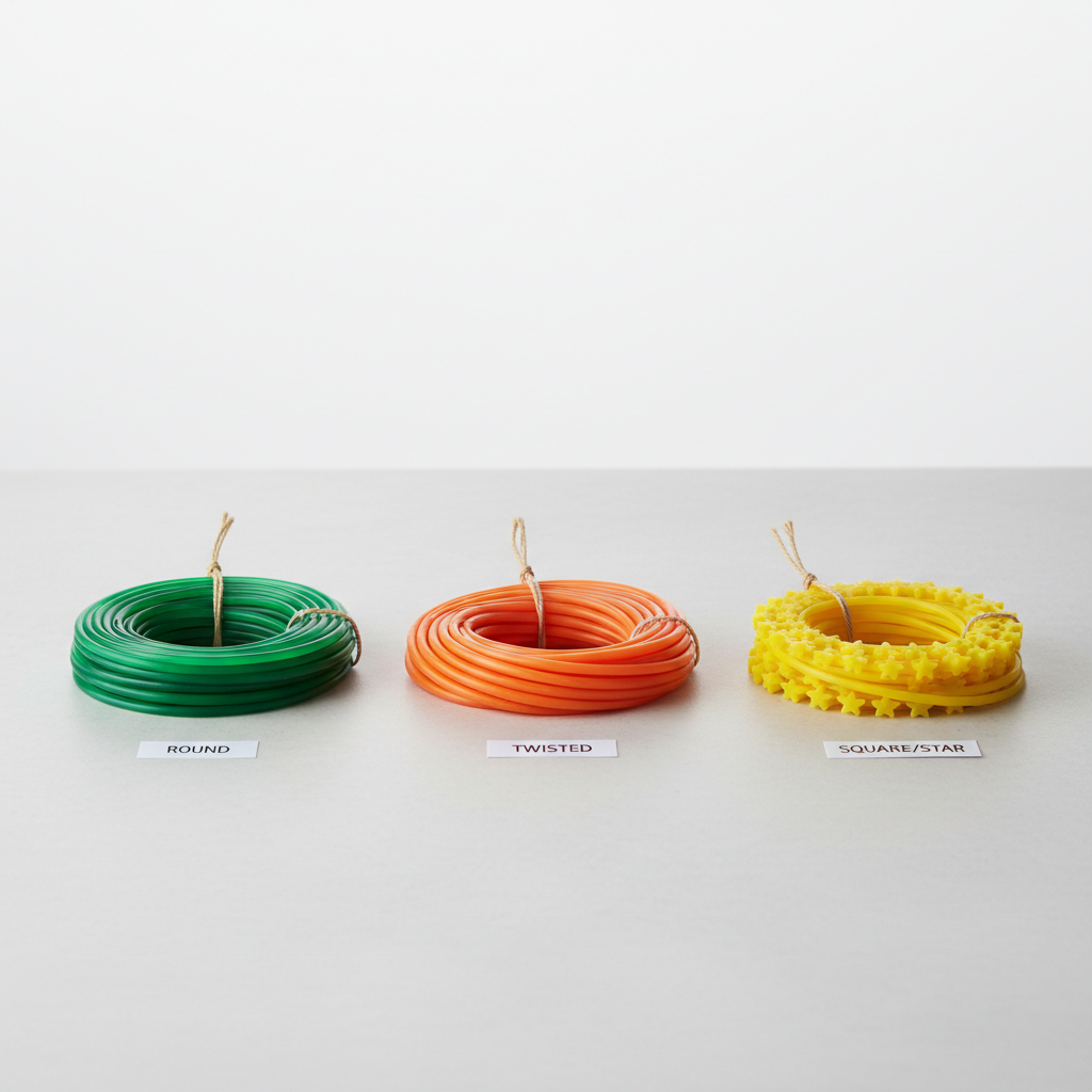 Different weed eater trimmer line shapes round twisted square on a table