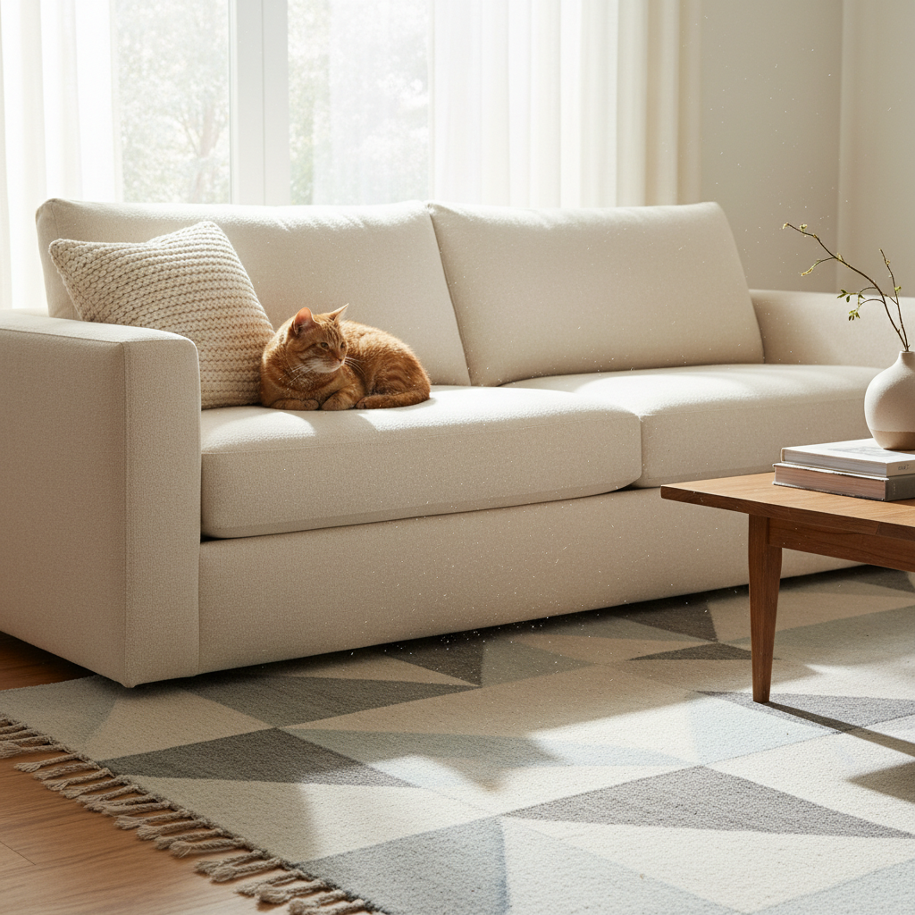 Cat dander buildup on sofa and rug in a living room