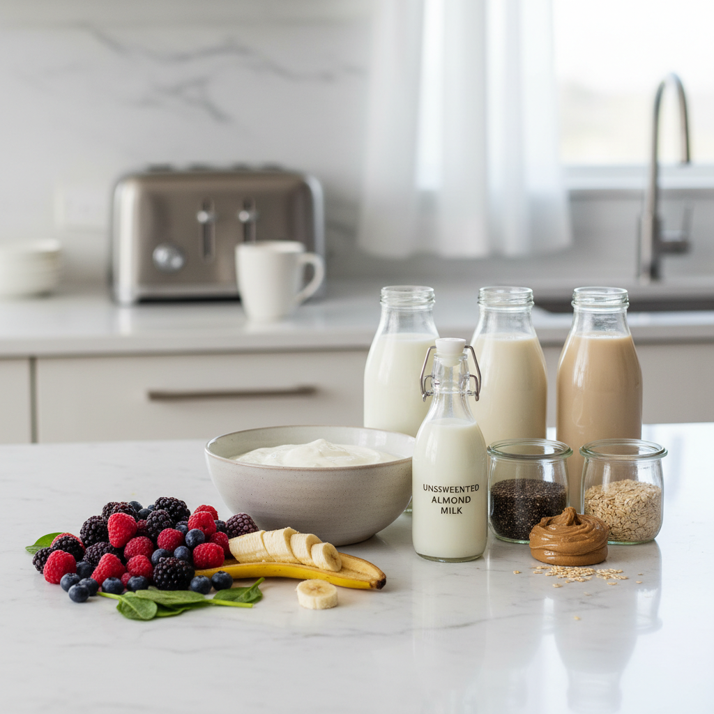 Healthy smoothie bowl ingredients on a kitchen counter