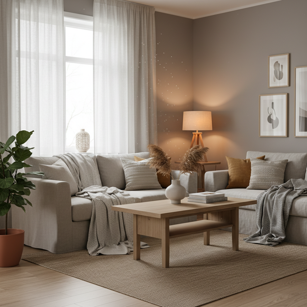 Cozy Scandinavian living room with neutral sofa, layered textiles, and warm lighting