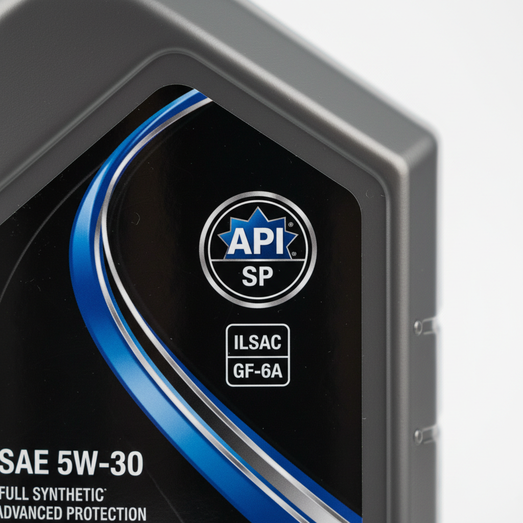 Close-up of an oil bottle label showing API SP and ILSAC GF-6A approvals