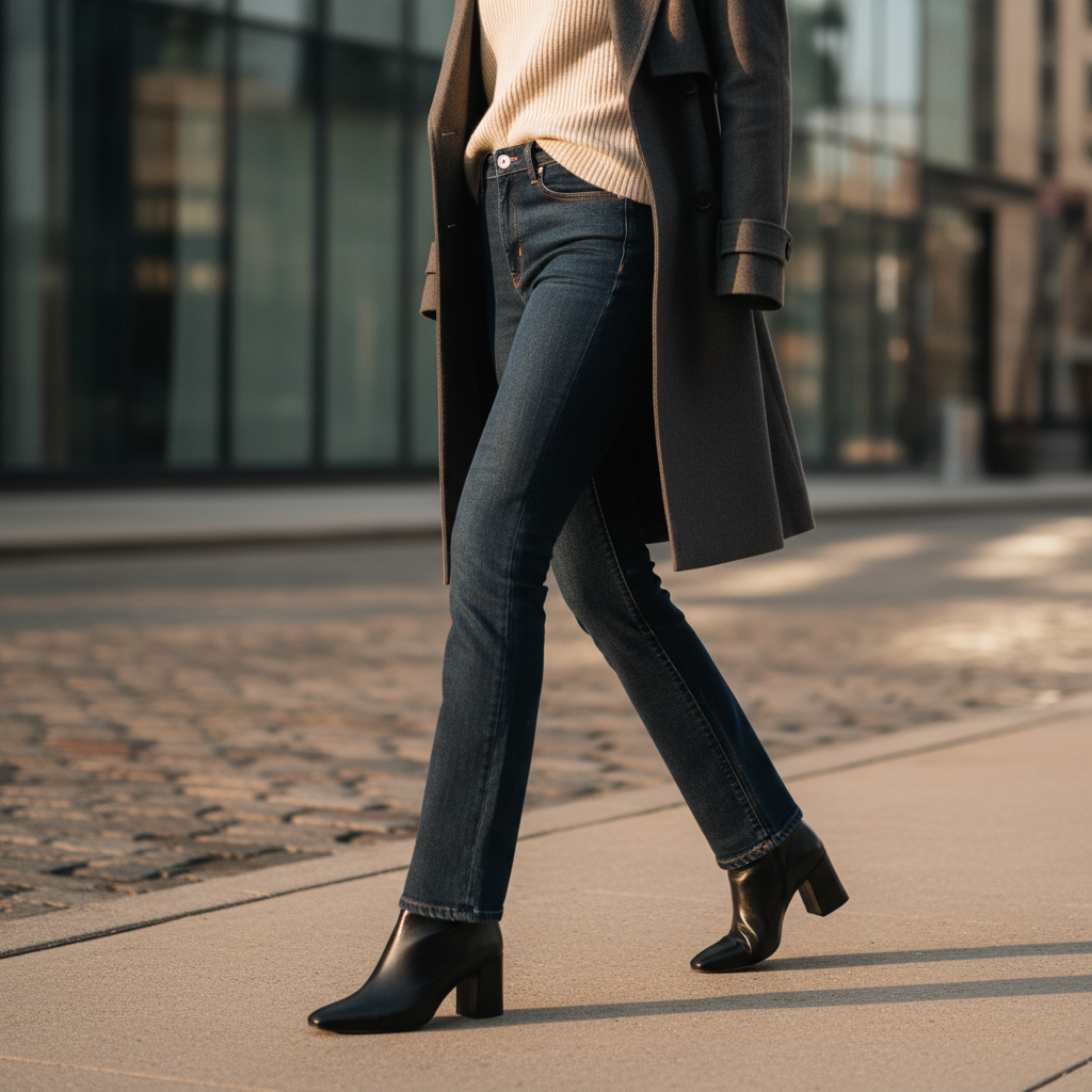 Street-style look with heeled ankle boots and bootcut jeans creating a long leg line