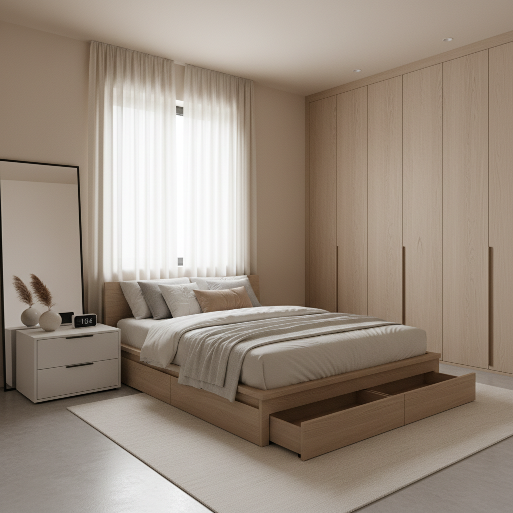 Small bedroom with clutter-free hidden storage zones and clean surfaces