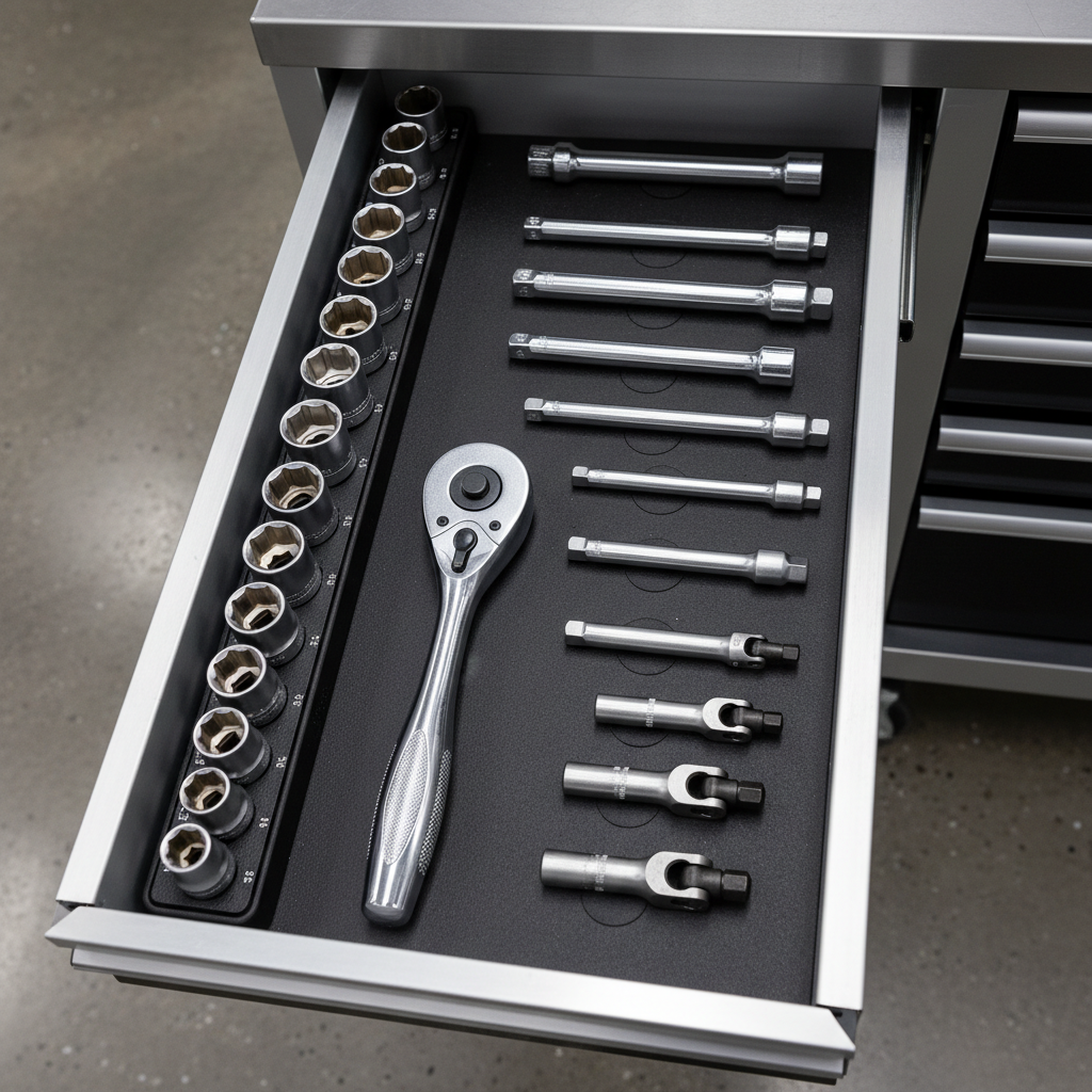 Organized automotive socket set with extensions and universal joints in a tool drawer