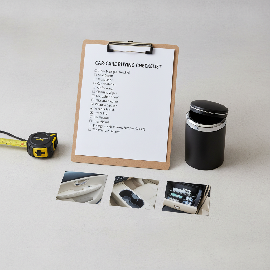 Checklist for choosing a lidded car trash can with measurements and mounting spots