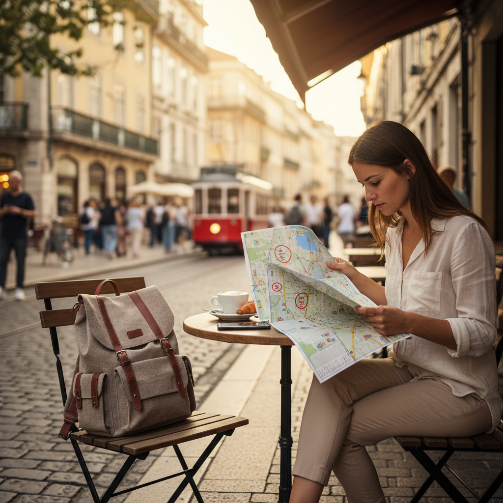 Traveler scanning a neighborhood map to find hidden gems while traveling