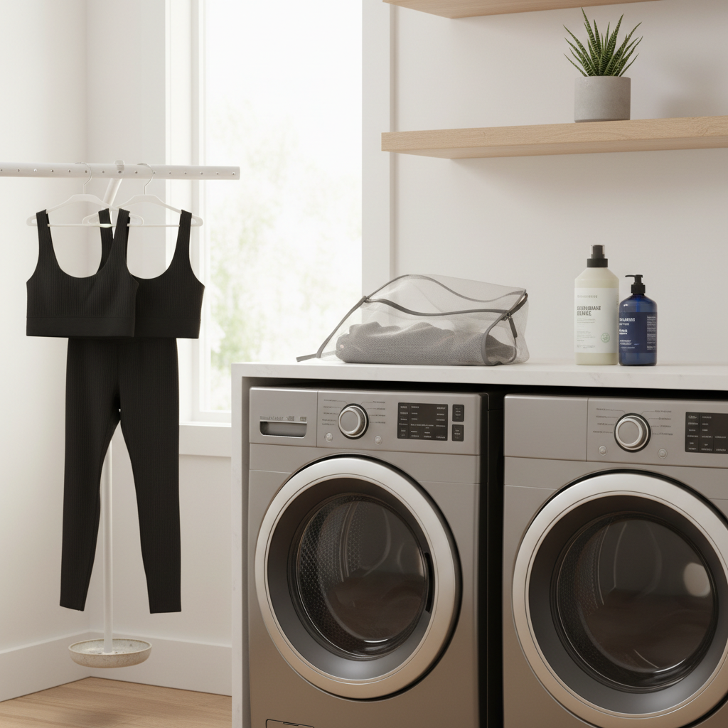Activewear set care routine with cold wash, mesh laundry bag, and air-drying rack in a bright laundry room
