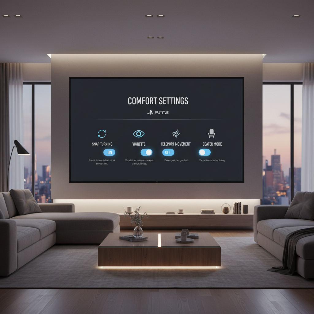 PSVR 2 comfort settings menu concept showing snap turn, vignette, and seated mode