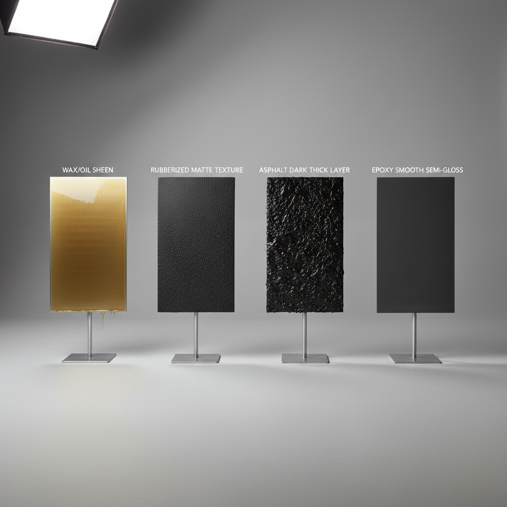 Comparison of undercoating spray types on test panels: wax, rubberized, asphalt, epoxy