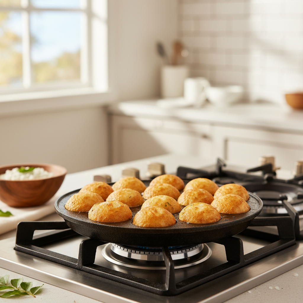 Crispy golden paniyaram (appe) in a traditional pan