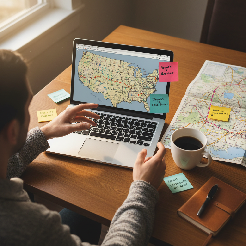 Map planning a cross country road trip route across the United States