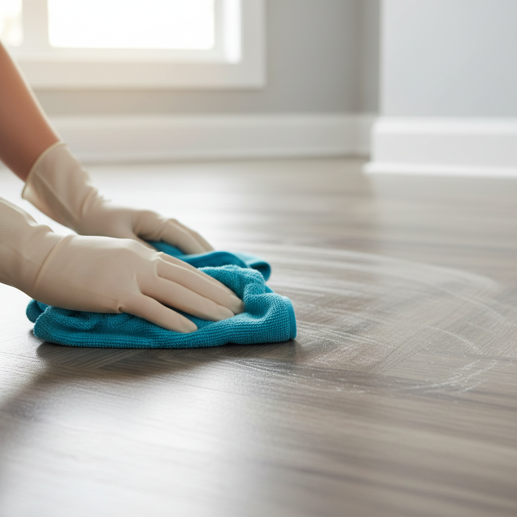 Removing hazy residue from vinyl floor with clean microfiber cloth