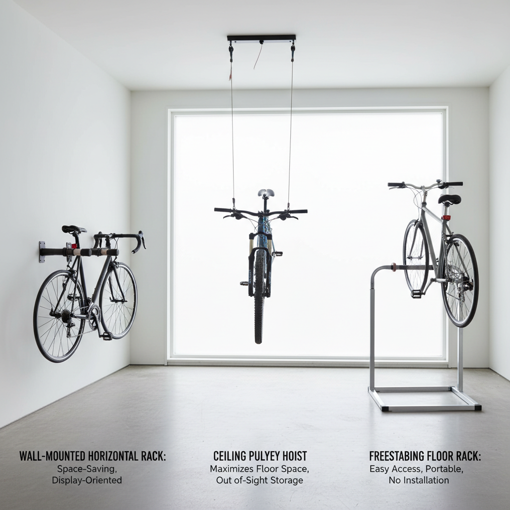 Comparison of wall, ceiling, and floor bike rack styles in a garage