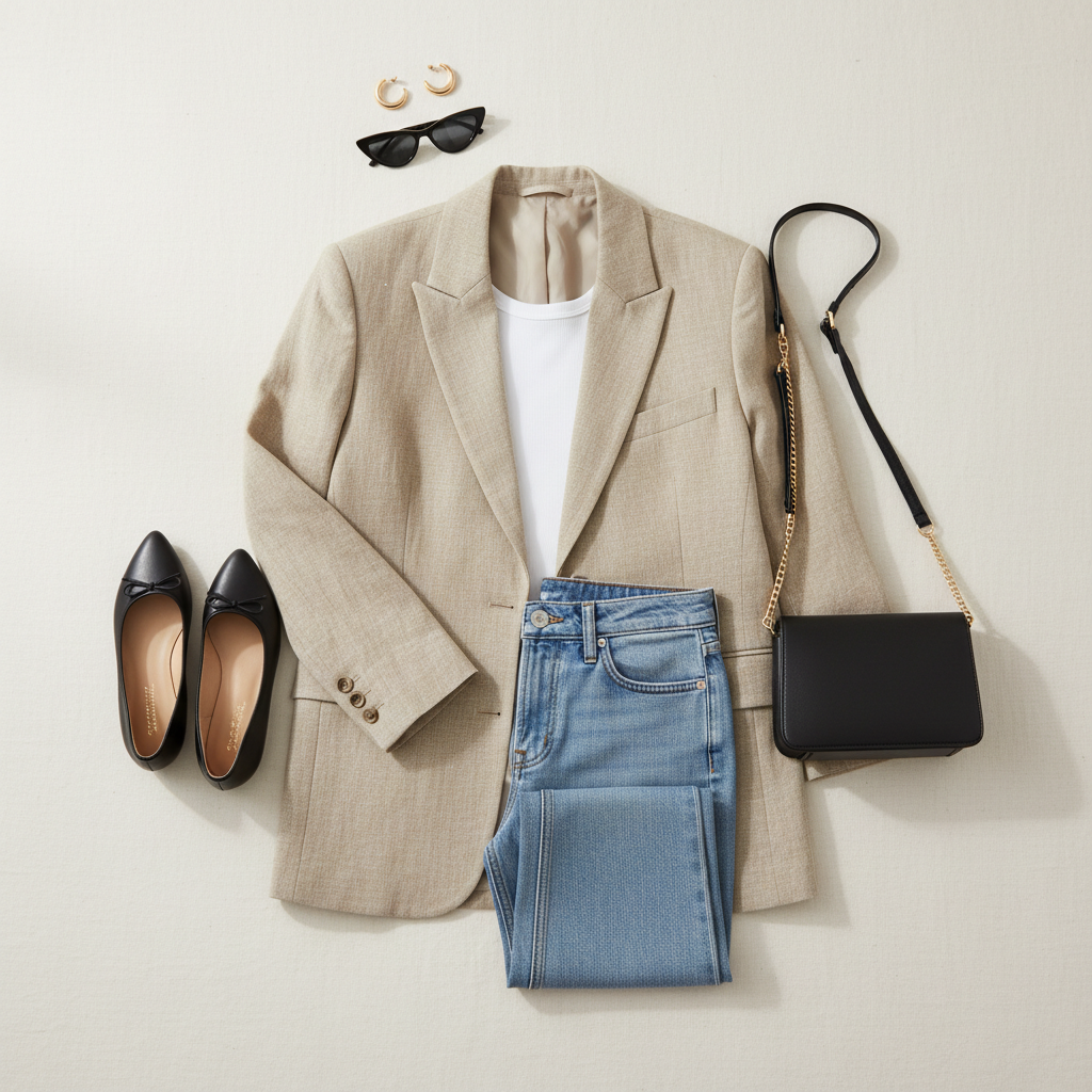 Flat lay of brunch outfit essentials: blazer, jeans, flats, sunglasses and small bag
