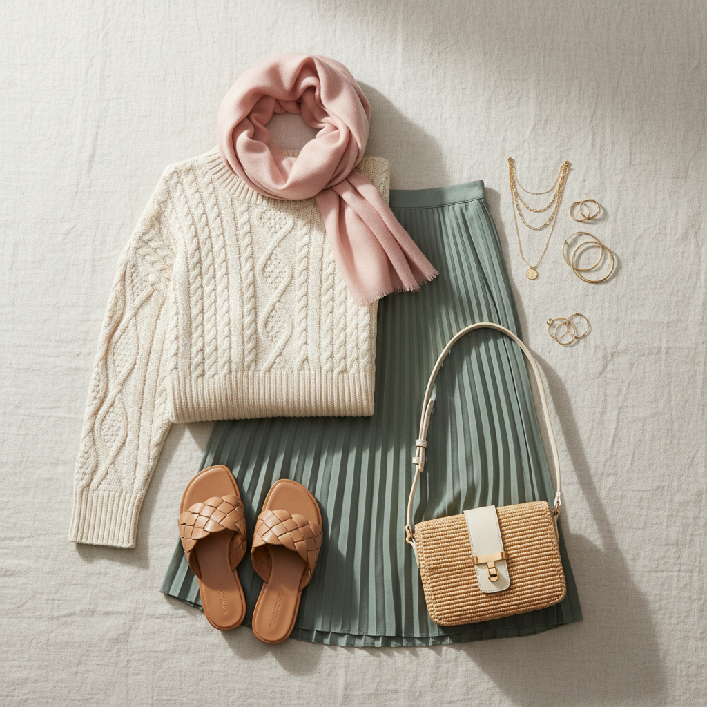 Pastel color palette brunch outfit accessories and shoes