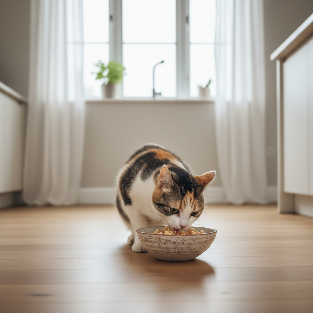 Senior cat eating wet food from a bowl in a home kitchen