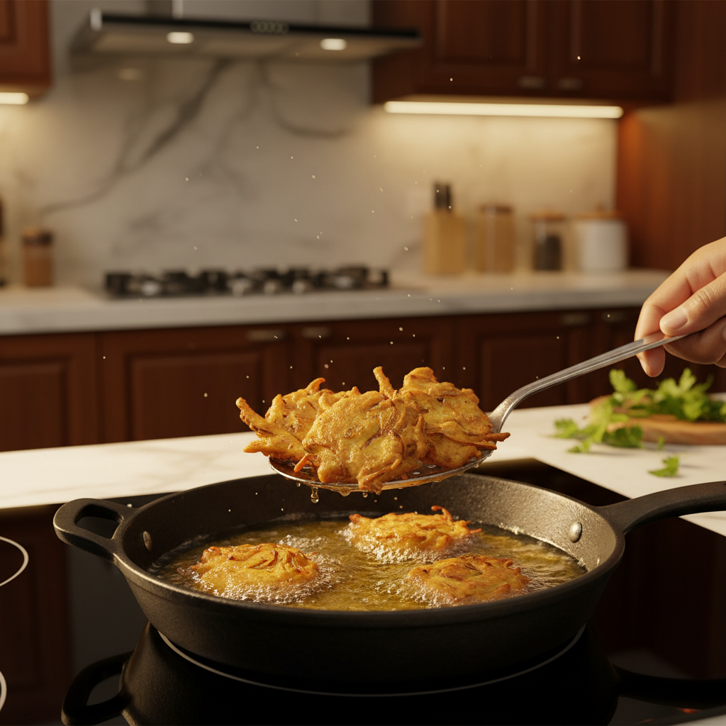 Frying onion pakoras for Punjabi kadhi pakora in a skillet
