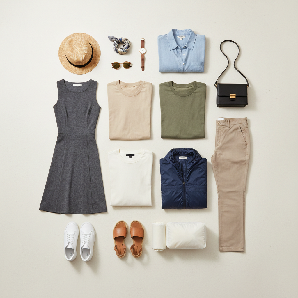 Mix-and-match travel outfits with neutral colors and layers for a capsule wardrobe
