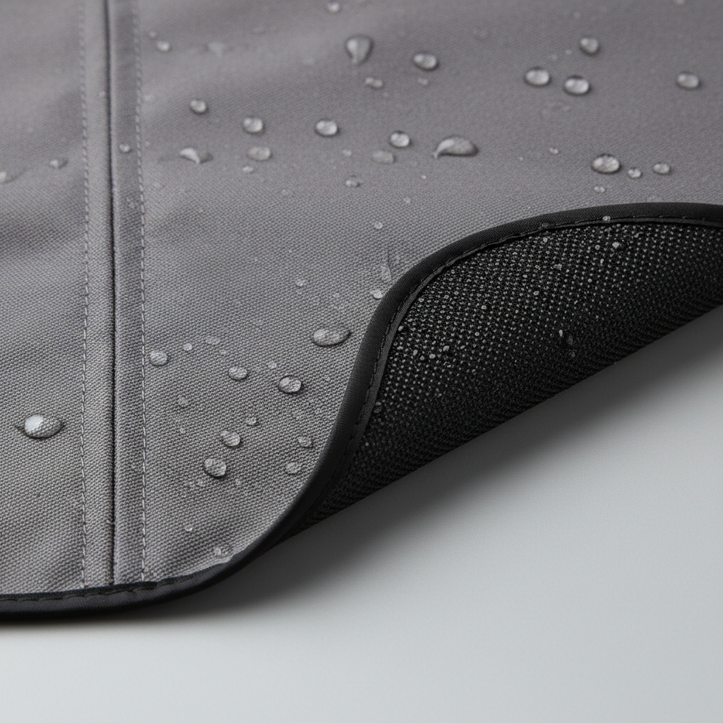 Close-up of waterproof fabric and non-slip backing on a dog car seat cover