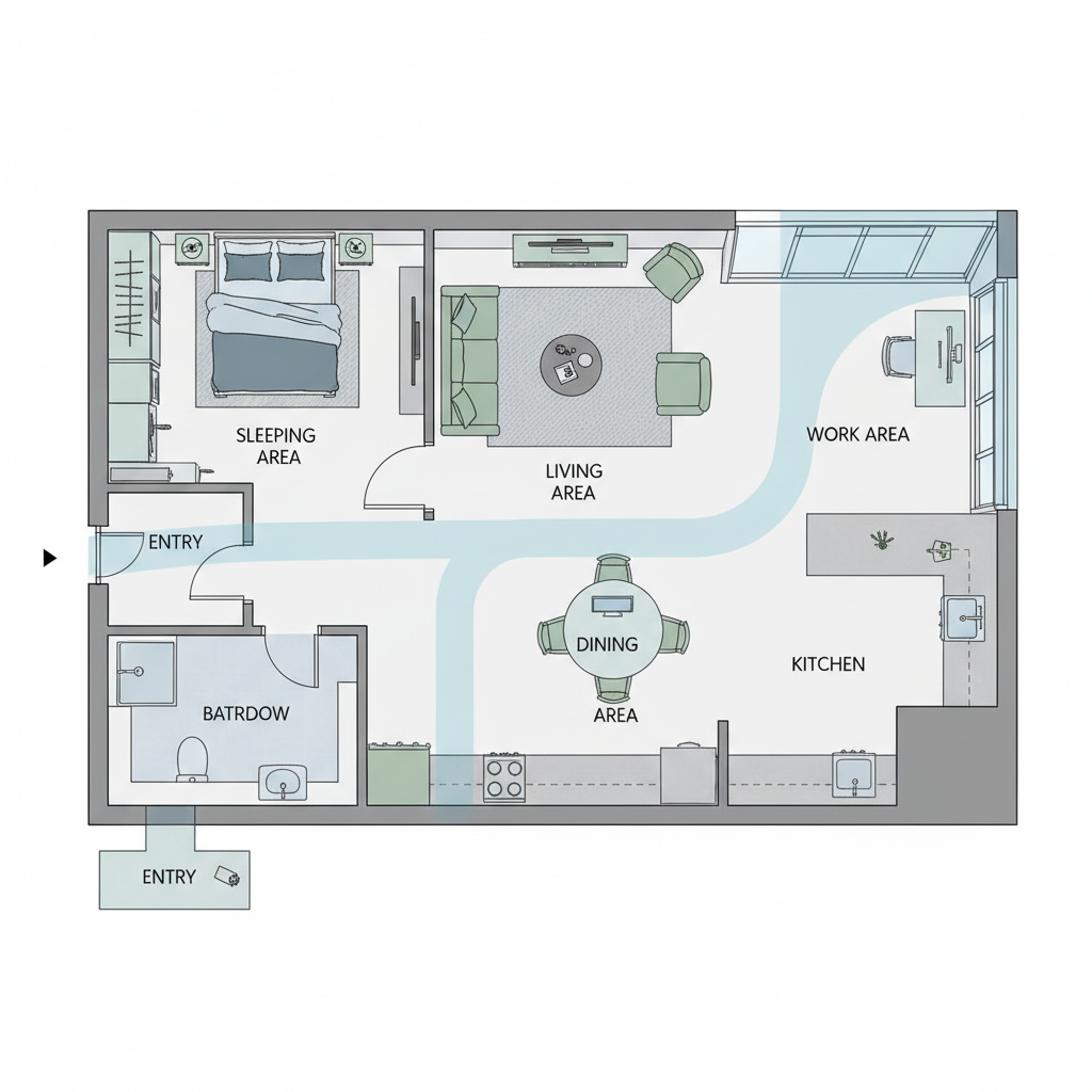 Studio apartment floor plan sketch showing traffic path and furniture zones