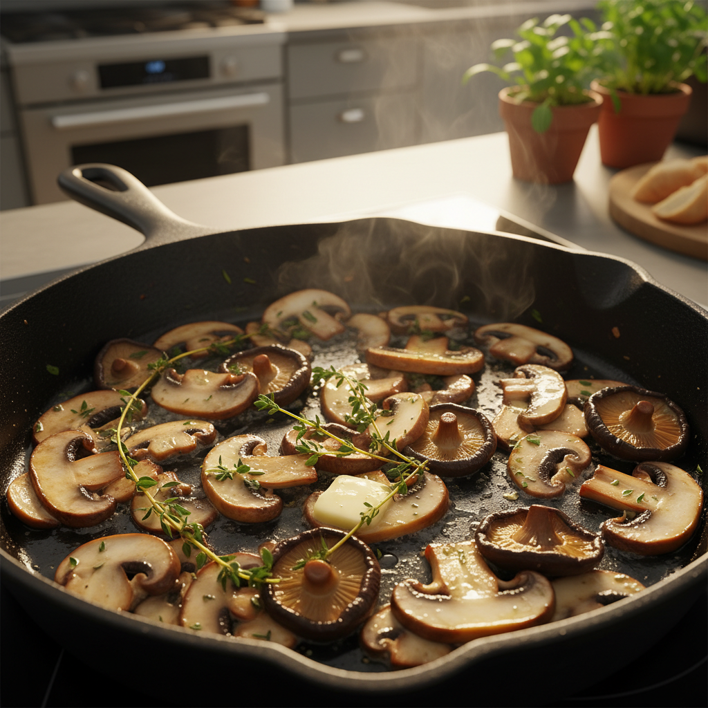 Mushrooms browning in a pan for risotto base