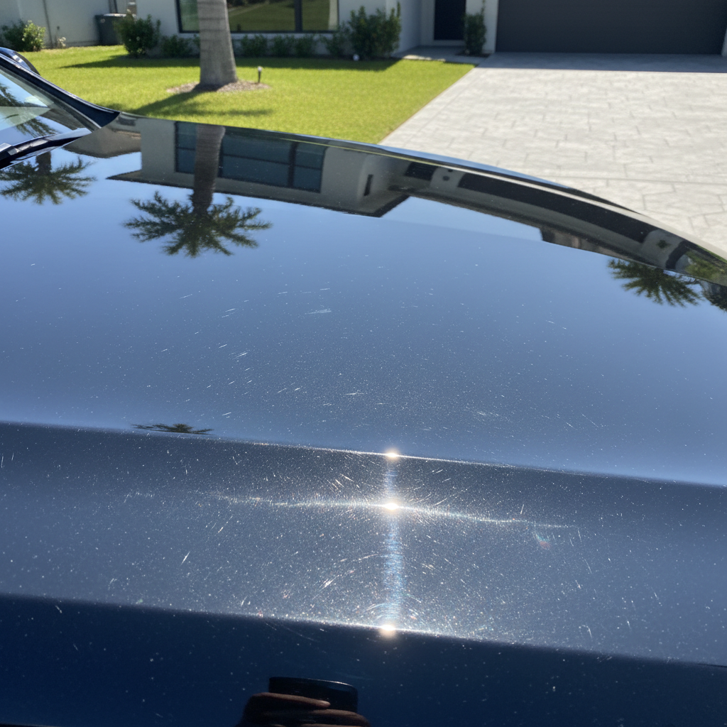 Black car paint reflection showing swirl marks under sunlight