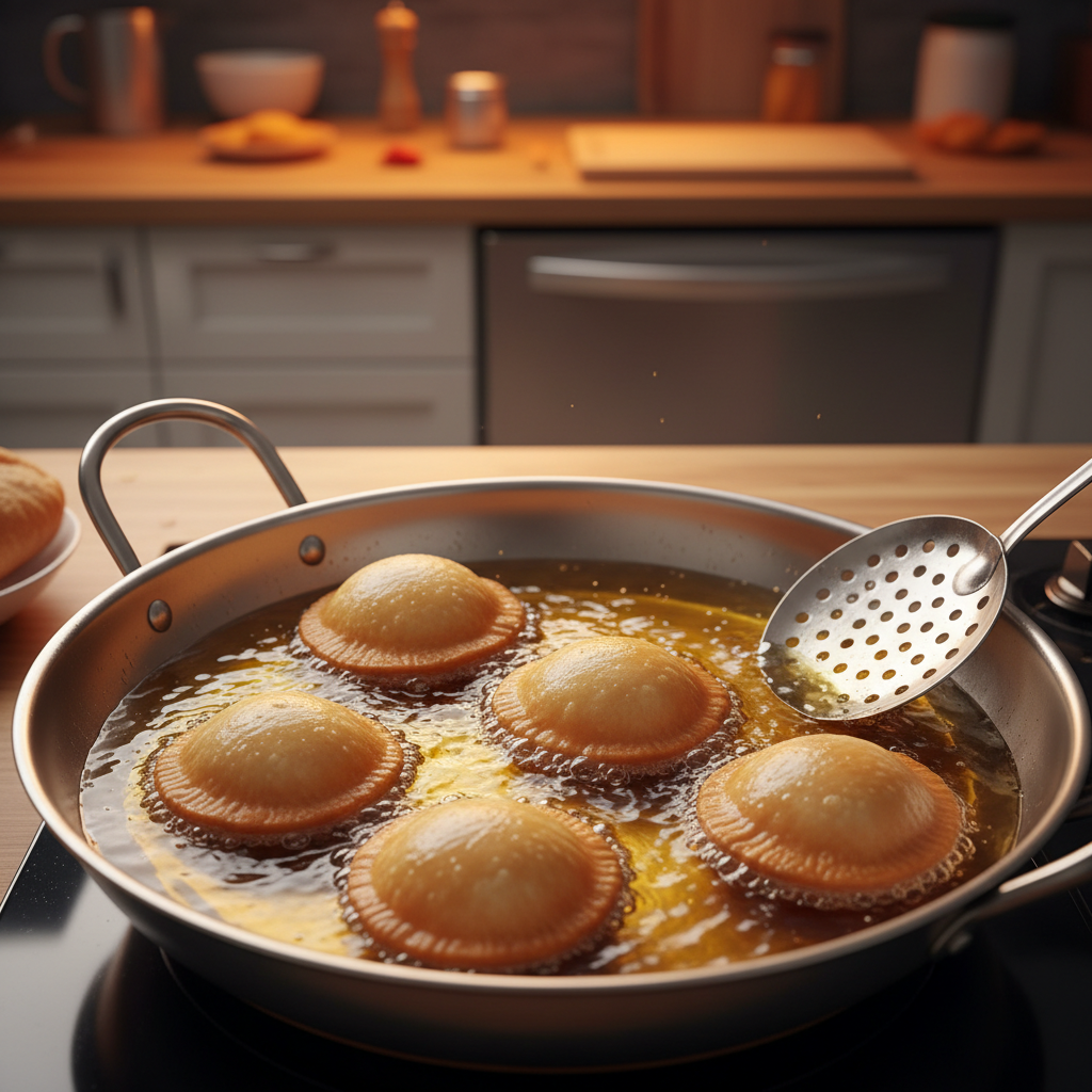 Frying stuffed sweet mawa kachori in a deep pan