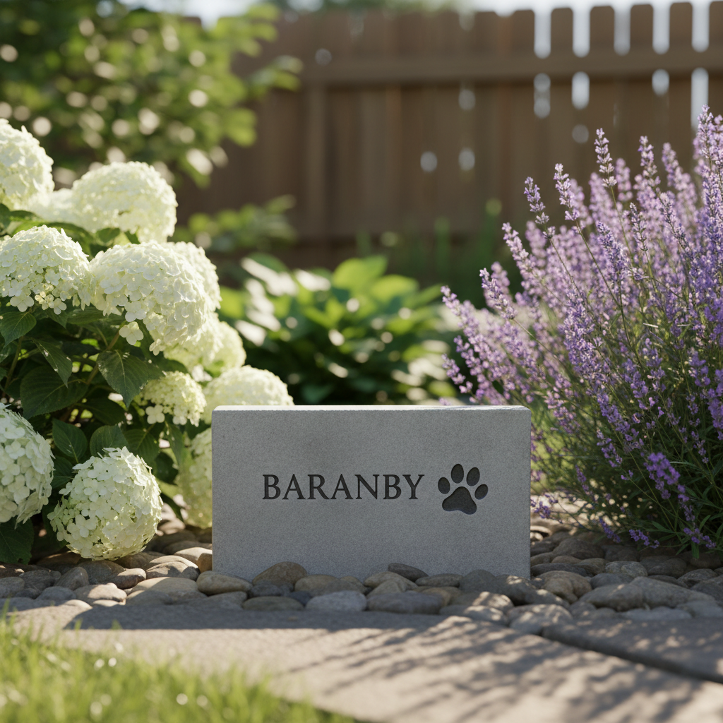 Minimal pet memorial garden stone placed beside flowers in a backyard garden