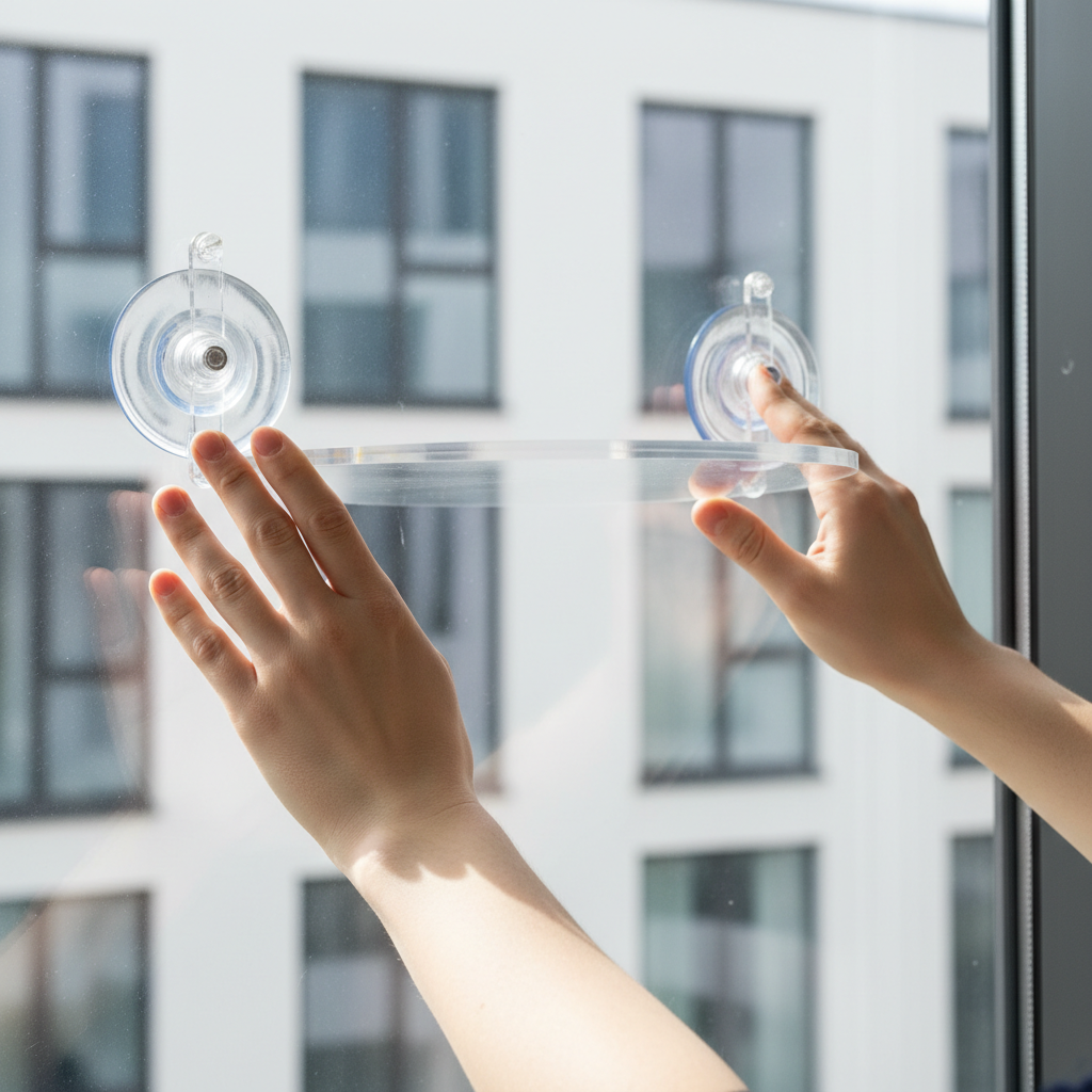 Hands installing suction cups for a cat window perch on clean glass