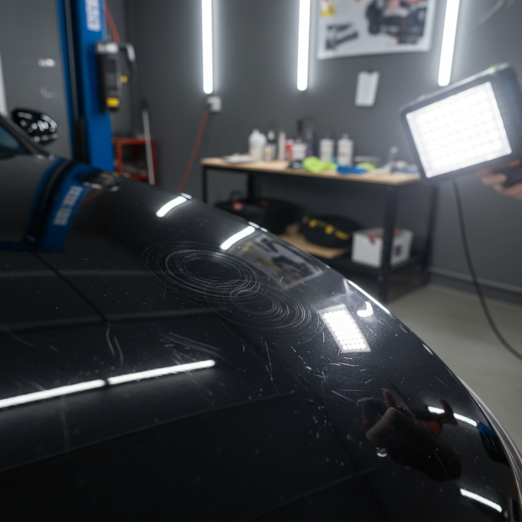 Close-up of swirl marks on black car paint under inspection light