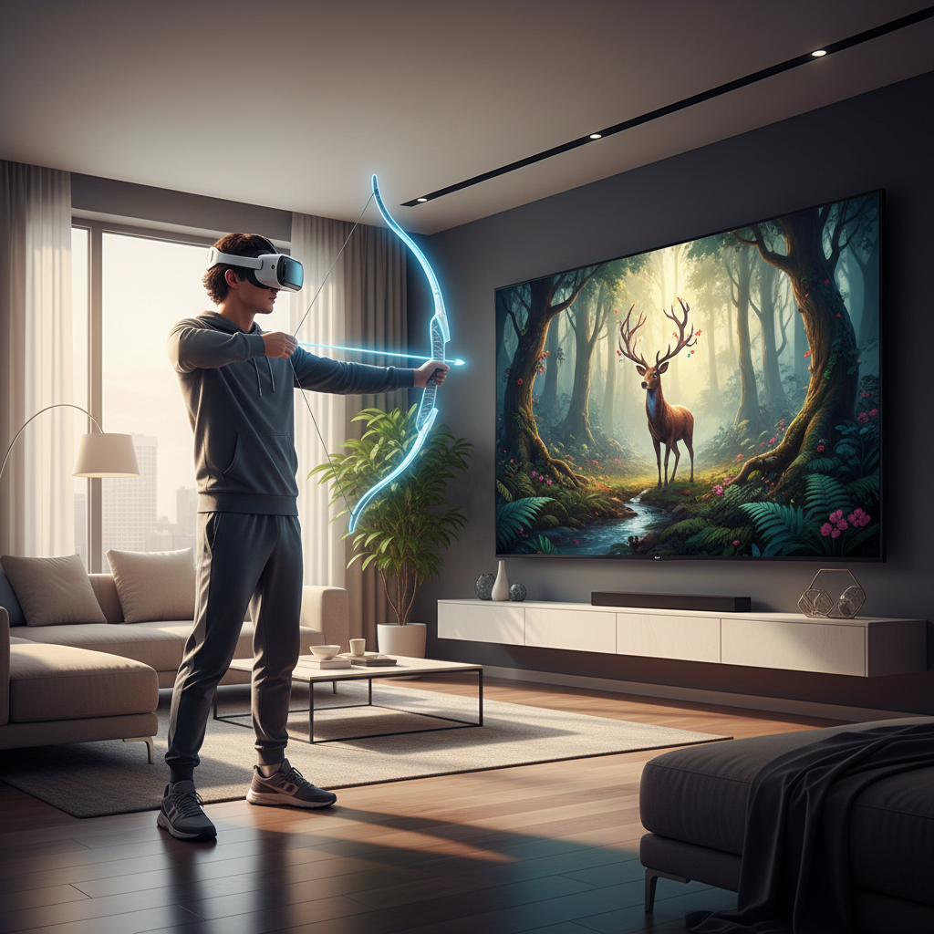 VR hunting gameplay in a forest with bow aiming mechanics