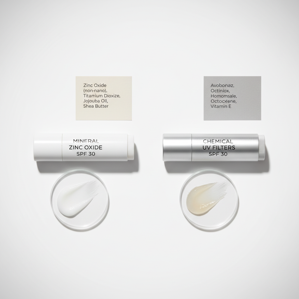Mineral vs chemical SPF lip balm ingredients and textures comparison