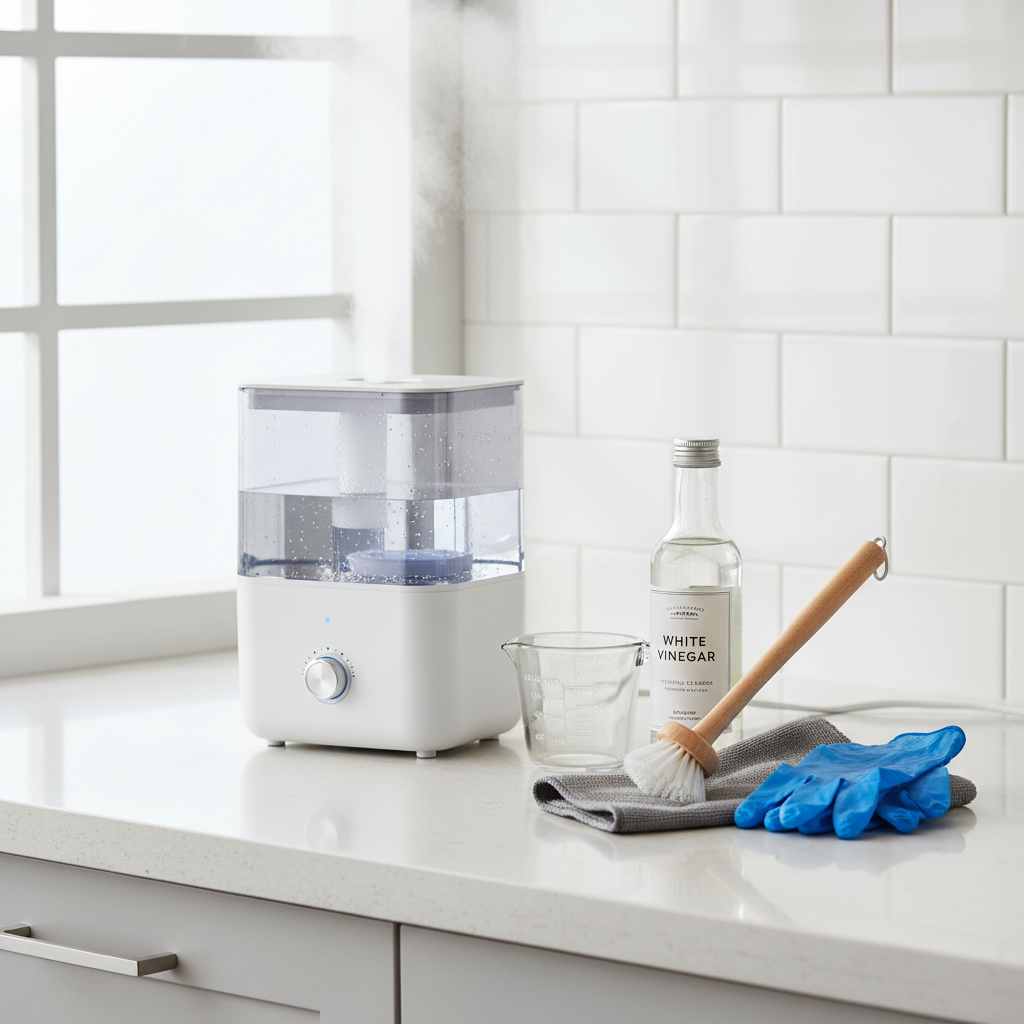 Cleaning supplies next to a cool mist humidifier for mold prevention