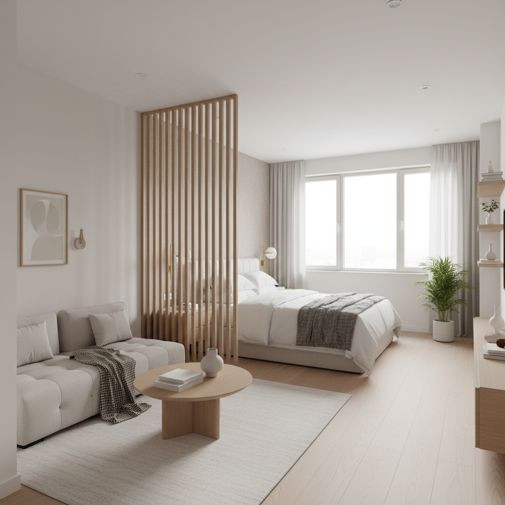 Studio apartment with distinct living and sleeping zones using a room divider