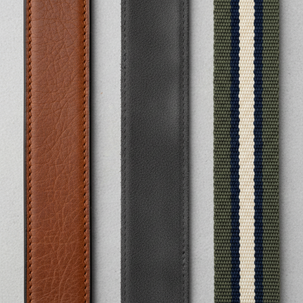 Close-up of belt materials: full-grain leather, suede, and woven webbing laid side by side