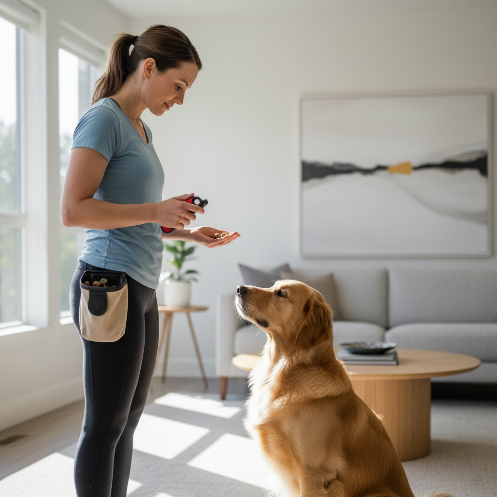 Trainer timing a click and treat while teaching a dog to sit