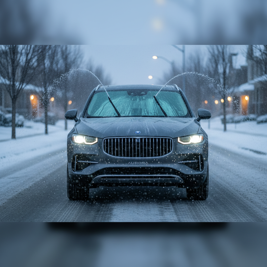 Winter driving with windshield spray clearing frost and road salt film