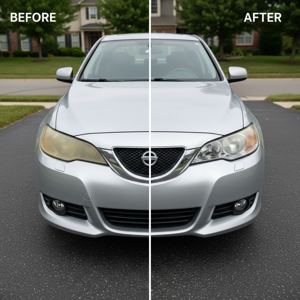 Foggy headlight lens versus clear restored headlight comparison on a car