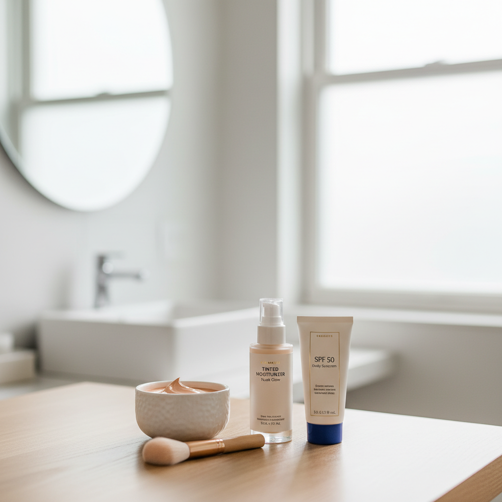 Minimal makeup routine featuring natural blush for fair skin on vanity
