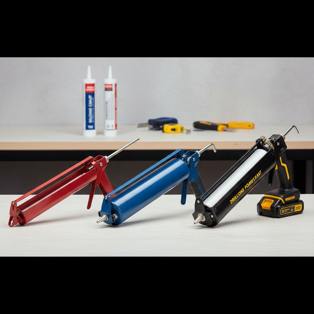 Manual dripless and cordless caulking guns compared on a workbench