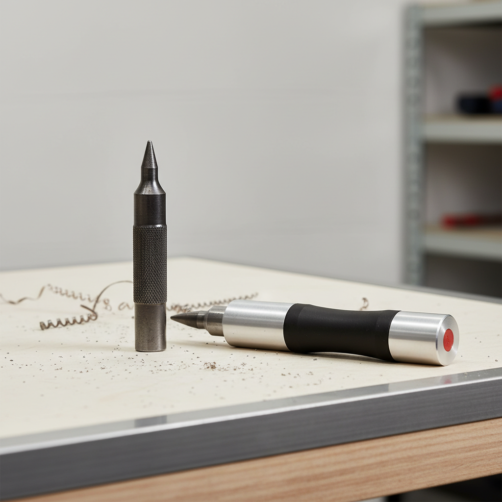 Manual vs automatic center punch tools on a workbench