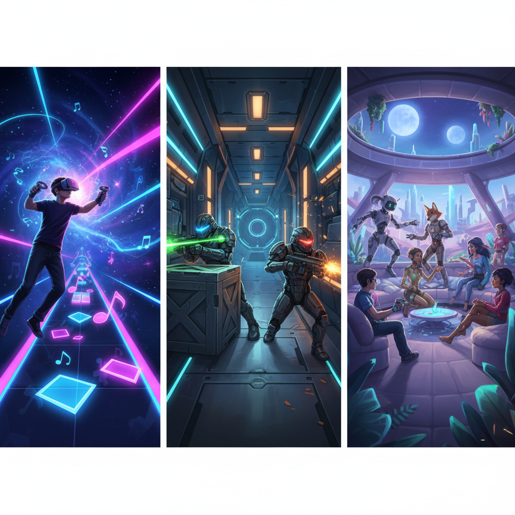 Collage of popular free VR game genres on Steam including shooters rhythm and social VR