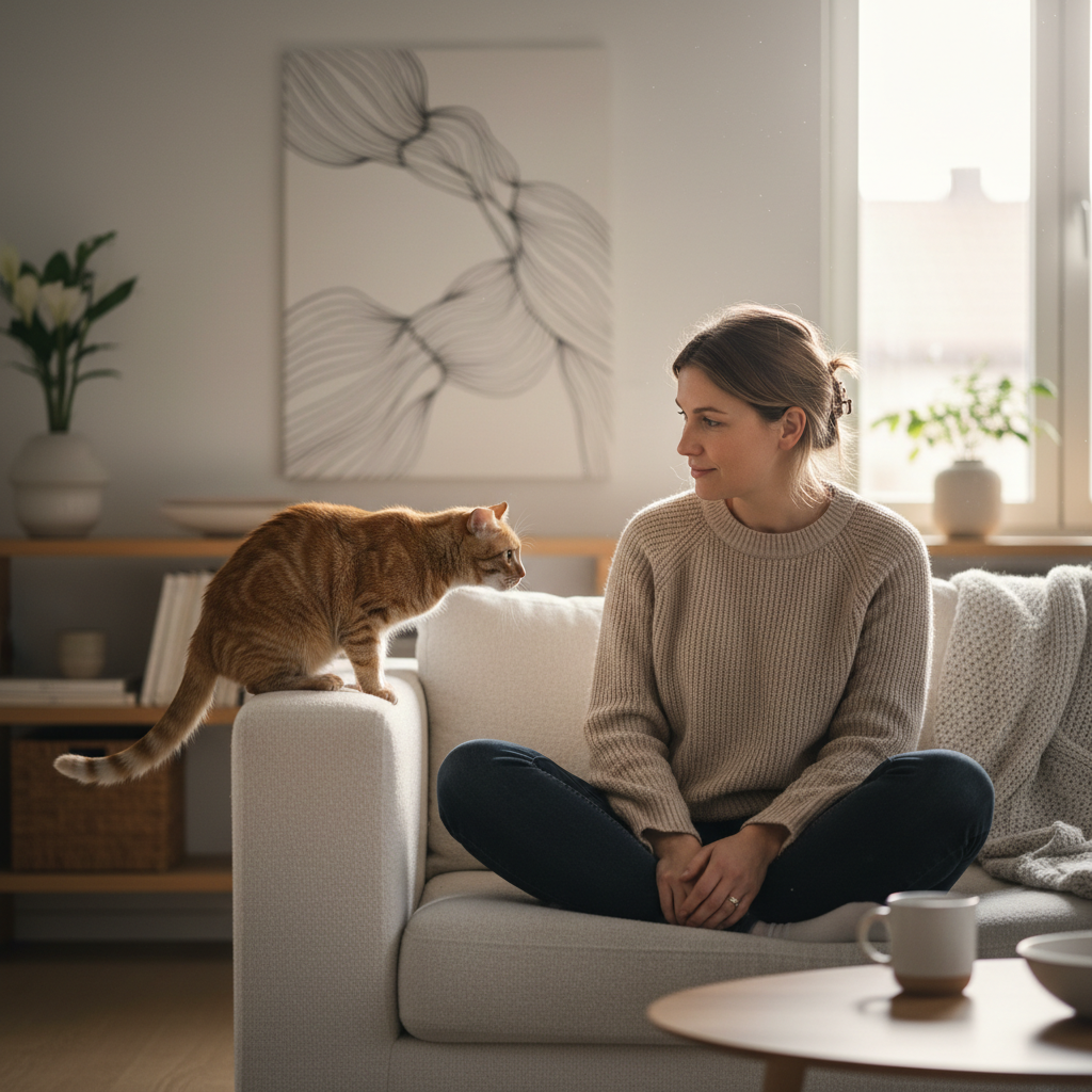 Owner reading cat body language to prevent biting and scratching
