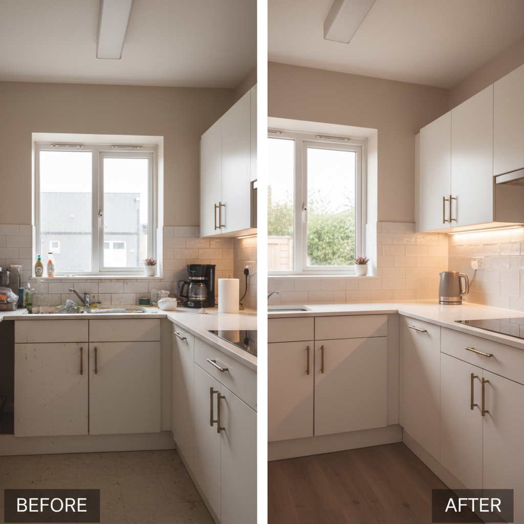 Before and after style renter-friendly kitchen refresh with peel-and-stick and lighting