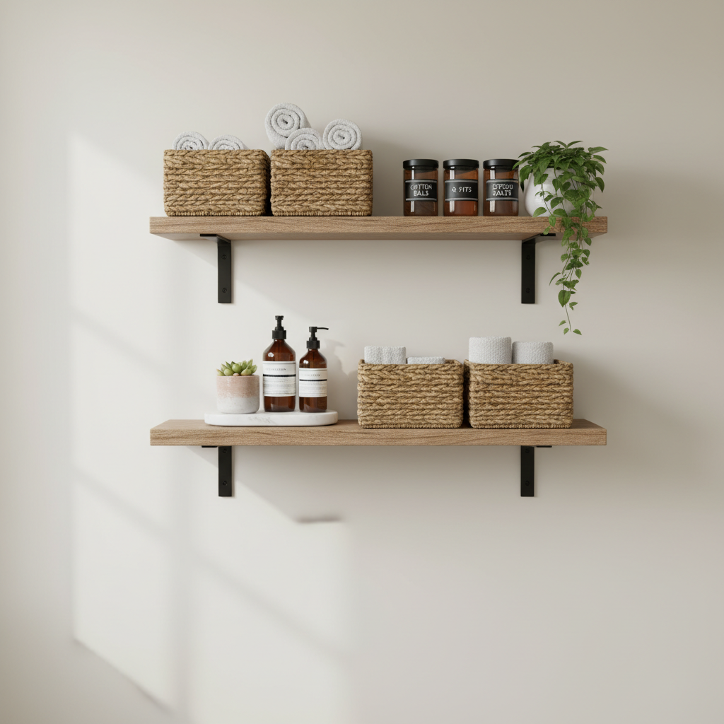 Farmhouse bathroom storage using wall shelves, baskets, and labeled jars in a small space